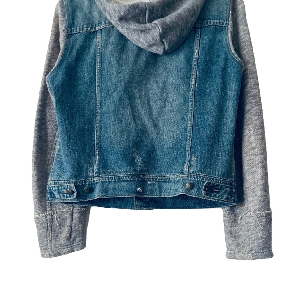 Free People Distressed Knit Hooded Jean Jacket Blue Gray Women’s L Y2k Grunge - Picture 8 of 10